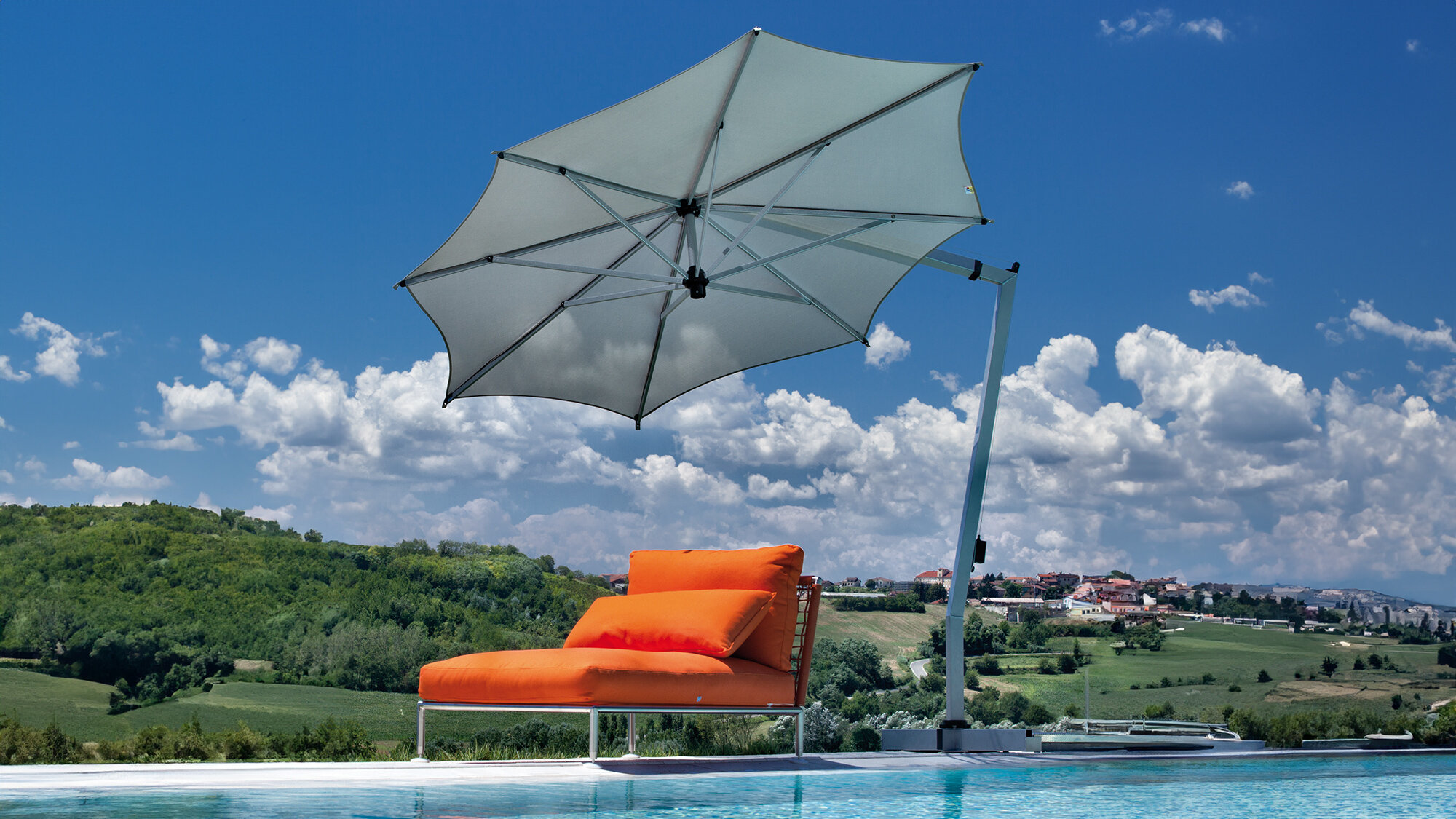 FIM Ischia C340 11.5 ft octagonal cantilever umbrella — silver frame poolside