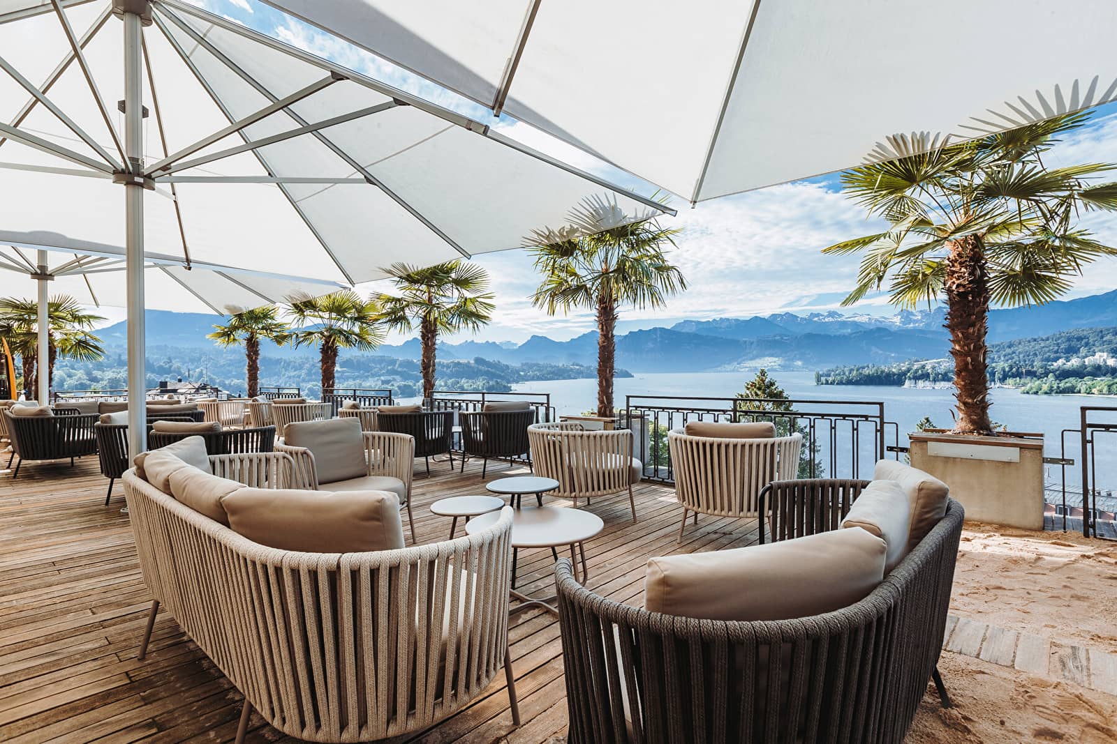 Glatz giant commercial parasols at luxury resort terrace — CSC Shade Canada